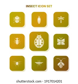 Nine INSECT icons in one set with white color on gradient and white background. Vector illustration