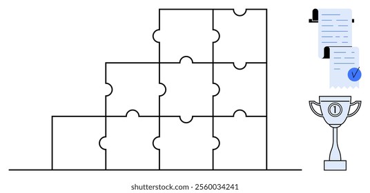 Nine interlocking puzzle pieces in a stepped arrangement, accompanied by a ribboned document and a trophy. Ideal for teamwork, achievement, success, goal completion, and recognition. Simple