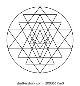 Neun miteinander verflochtene Dreiecke Sri Yantras, die einen zentralen Punkt umgeben, der so genannte Bindu, das kosmische Zentrum. Shri Yantra oder Shri Chakra, ein mystisches Diagramm, das Kosmos und menschlichen Körper repräsentiert. Vektorgrafik.