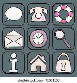 Nine internet icons representing chat, communication, time, help, search, home, private and more
