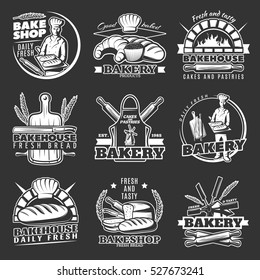 Nine isolated bake shop emblems set on dark background with sweet and tasty cereal goods symbols vector illustration