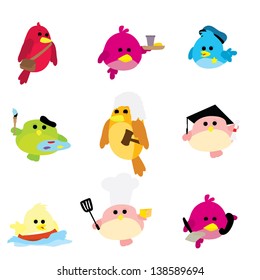 nine isolated birds with occupation icons