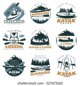 Nine isolated colorful emblems set with kayak and canoe mountain tours with adventure tours retro symbols vector illustration