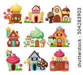 Nine isolated decorative icons set with colorful houses made of sweets and candy on blank background vector illustration
