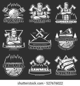 Nine isolated lumberjack emblems set with professional carpentry sawmill wood equipment symbols and male character images vector illustration