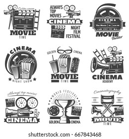 Nine isolated monochrome emblems for movie and cinema with camera chair snack and megaphone symbols vector illustration