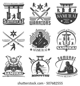 Nine isolated monochrome emblems set for samurai martial arts with torii swords and kimono symbols flat vector illustration