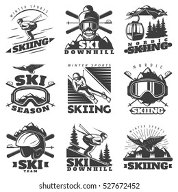 Nine isolated monochrome nordic skiing labels in vintage style with rope way gear and skier figures vector illustration