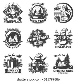 Nine isolated monochrome vintage christmas labels set with holiday symbolics and decorative happy new year superscriptions vector illustration