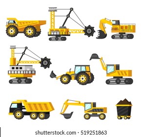 Nine isolated orthogonal mining industry decorative icons set with images of mining technics and transportation vehicles vector illustration