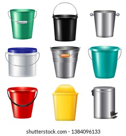 Nine isolated realistic buckets icon set plastic and metallic for different needs vector illustration