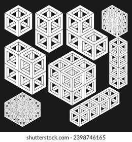 Nine isometric objects created from one module. Set of vector images