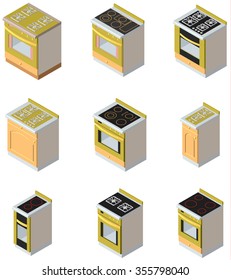 nine isometric views kitchen stove on gas and electricity
