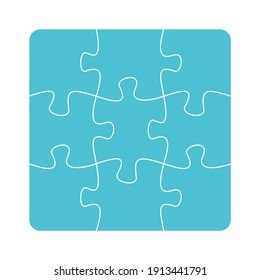 Nine jigsaw pieces or parts connected together. Multicolor puzzle jigsaw template. Flat vector illustration