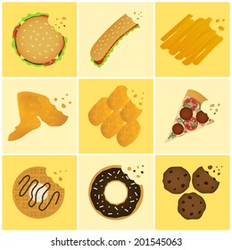 nine junk food bite off icon set