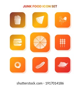 Nine JUNK FOOD icons in one set with white color on gradient and white background. Vector illustration