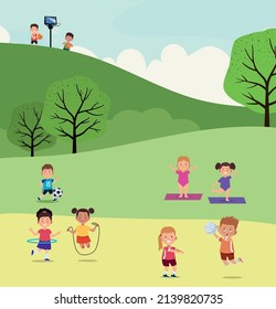nine kids practicing activities characters