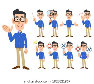 Nine kinds of gestures and facial expressions of a man wearing glasses and a blue shirt