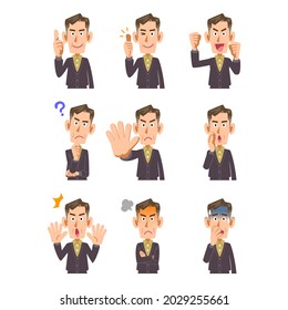 Nine kinds of gestures and facial expressions of elderly man in casual clothes