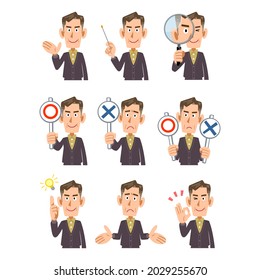 Nine kinds of gestures and facial expressions of elderly man in casual clothes