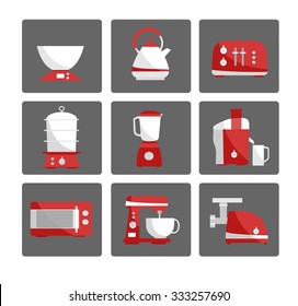 Nine kitchen appliances set. Simple flat design. White and red colors.  Vector illustration