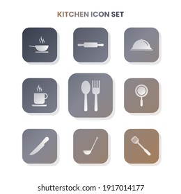 Nueve iconos de KITCHEN en un conjunto con color blanco sobre degradado y fondo blanco. Ilustración del vector