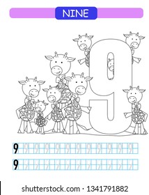 Nine. Learning number 9. Coloring printable worksheet for kindergarten and preschool. Giraffe. 