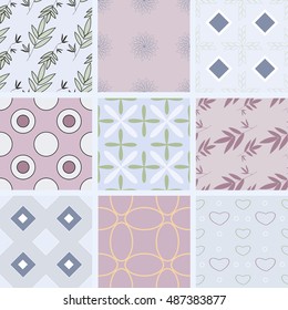 Nine light blue and purple seamless textures with floral, geometric and hearts ornaments