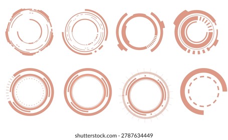 Nine light pink circular progress ring with varying dashed patterns rings