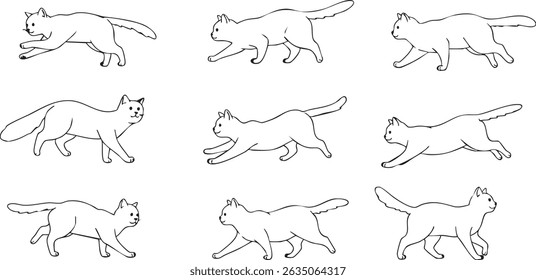 Nine line art drawings of cats in various running and walking poses on a white background surface	