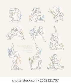 Nine line-art yoga asanas with minimalistic design, each pose detailed with soft tones and floral accents, connection between body, mind and nature, illustrations of young women on beige background