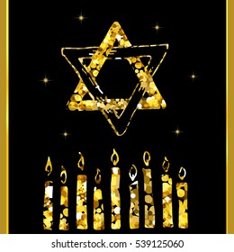 Nine litter gold candles and Star of David on black background for Hanukkah Chanukah. Greeting card for traditional jewish holiday Festival of Lights, Feast of Dedication