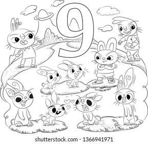 Nine little cute rabbits in nature.Hand drawn vector illustration for preschool coloring counting,cartoon coloring,animals illustration,background,decoration,wallpaper,coloring pattern,character arts.