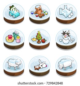 Nine little snow domes with christmas and winter objects inside (isometric vector items)