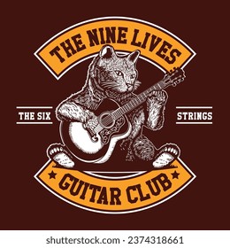 The Nine Lives Guitar Club Hand Drawing Vector Illustration Cat Playing Acoustic Guitar in Patch Design Style 