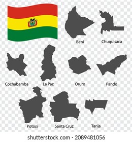 Nine Maps  Departments of Bolivia - alphabetical order with name. Every single map of Departments  are listed and isolated with wordings and titles.  Plurinational State of Bolivia. EPS 10.