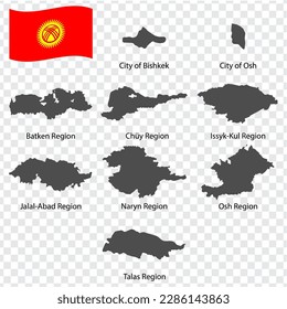 Nine Maps  Regions of Kyrgyzstan - alphabetical order with name. Every single map of Region are listed and isolated with wordings and titles. Kyrgyzstan. EPS 10.