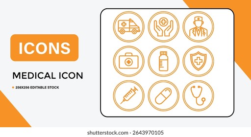 Nove ícones médicos são exibidos em estilo de arte em linha laranja, incluindo ambulância, médico e estetoscópio, em um fundo branco.