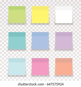nine memo papers in  different ordinary pastel colors with transparent shadow
