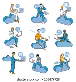 Nine men  access to Internet data in the cloud while they are sitting on blue clouds. Attitudes of professional work and leisure in social networks. Schematic illustrations nearly icons.
