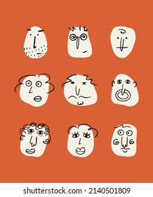 Nine men and women faces with different emotions with red background