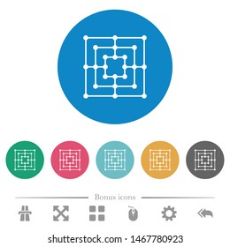 Nine men's morris game board flat white icons on round color backgrounds. 6 bonus icons included.