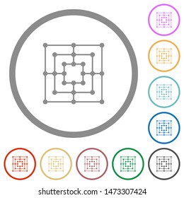 Nine men's morris game board flat color icons in round outlines on white background