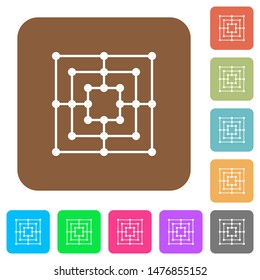 Nine men's morris game board flat icons on rounded square vivid color backgrounds.