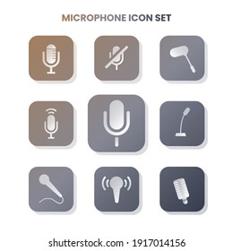 Neun MICROPHONE-Symbole in einem Satz mit weißer Farbe auf Farbverlauf-und weißem Hintergrund. Vektorgrafik