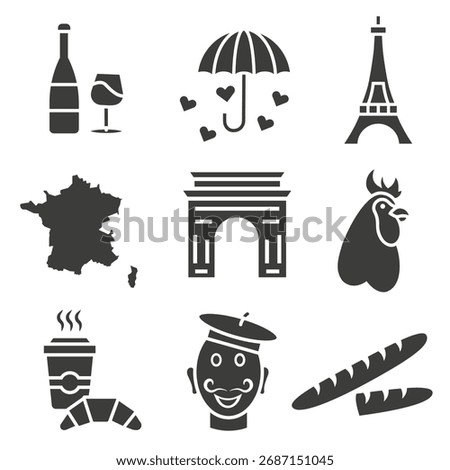 Nine minimalist icons on the theme of France. Symbols of France. EPS 10.