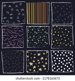 Nueve miniplantillas para objetos pequeños, sus texturas, fondos. Doodles, puntos, líneas, espirales, estrellas, líneas onduladas, líneas rotas. Patrón sin problemas en postales, impresiones. Un conjunto de retroceso abstracto vectorial