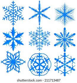 Nine models of snowflakes.They are blue. Illustration EPS10 