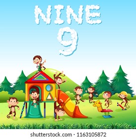 Nine monkey playing at playground illustration