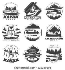 Nine monochrome canoe and kayak labels set with vintage style adventure elements isolated on blank background vector illustration